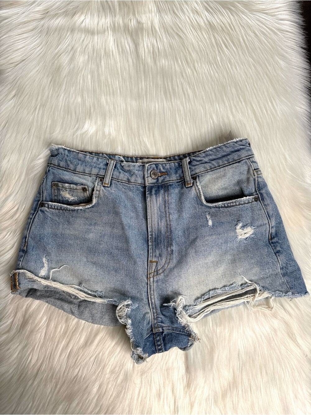 Zara Light Wash Distressed Denim High Waisted Cut Offs